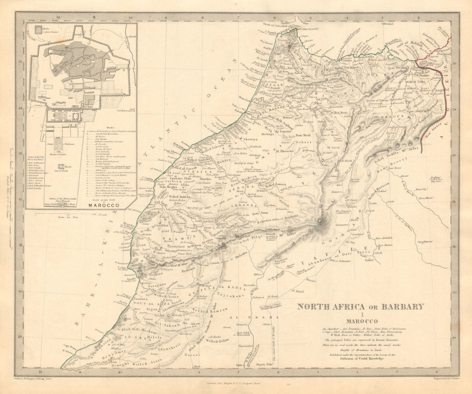 NORTH AFRICA OR BARBARY I. MAROCCO. Morocco. MARRAKECH city plan. SDUK 1846 map